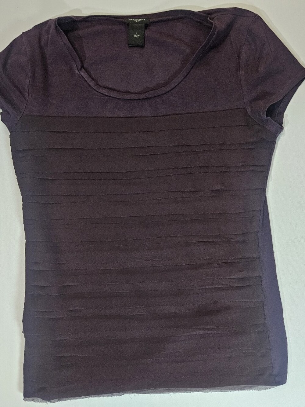 Ann Taylor Top Womens Small Eggplant Purple Micro Pleated Layered Academia